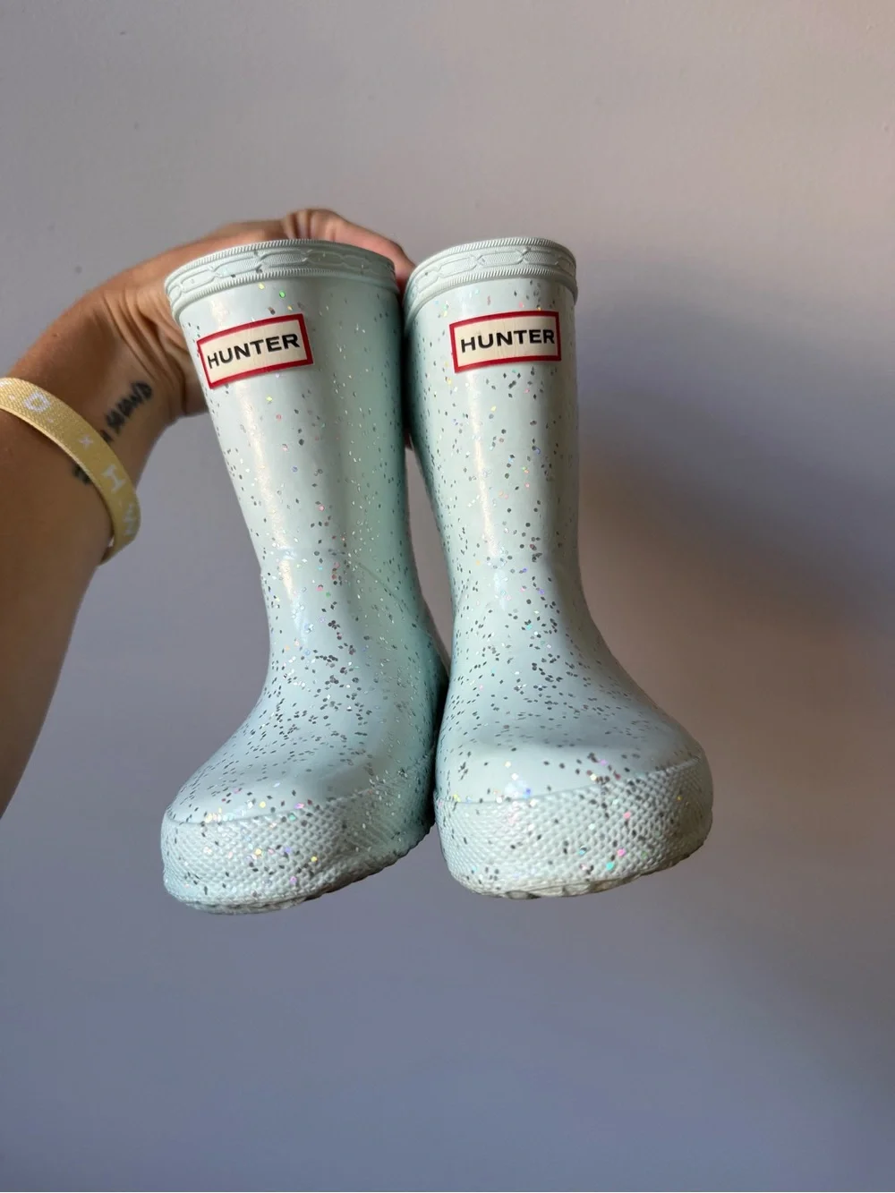 HUNTER Kids First Giant Glitter Sparkly Rain Boots Mint Aqua Light Blue Size 7C